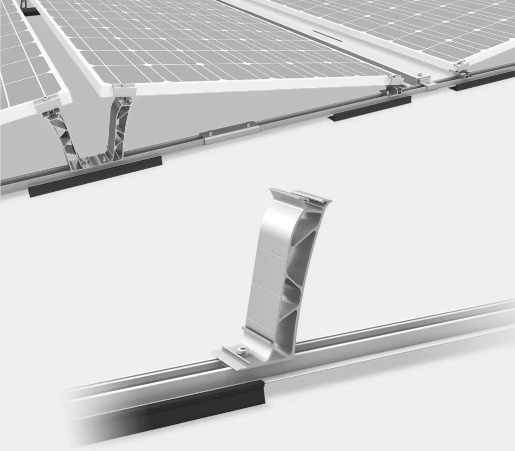 Solar mounting system with aluminium brackets and EPDM protective strips.